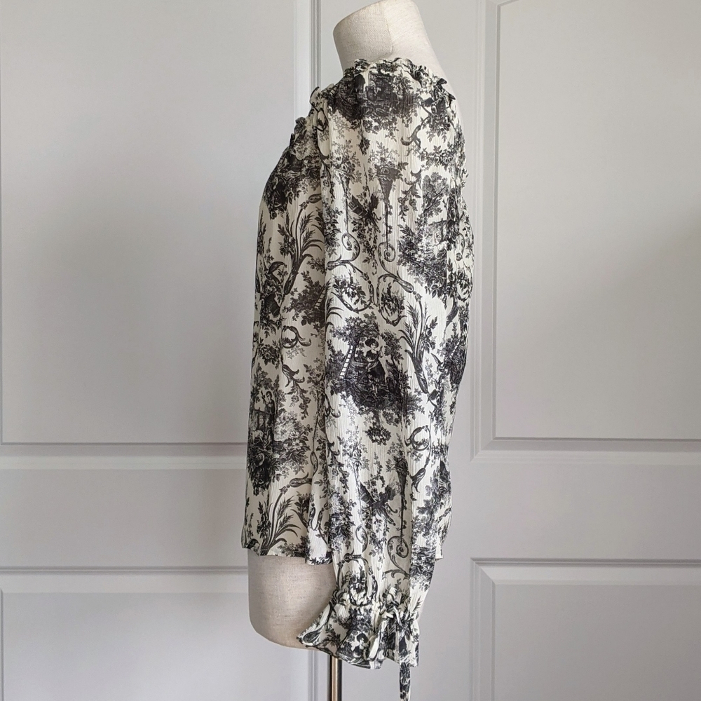 PAIGE Blouse 100% Silk Semi-Sheer Long Sleeves Toile Print Black Parchment S NWT - Picture 12 of 16